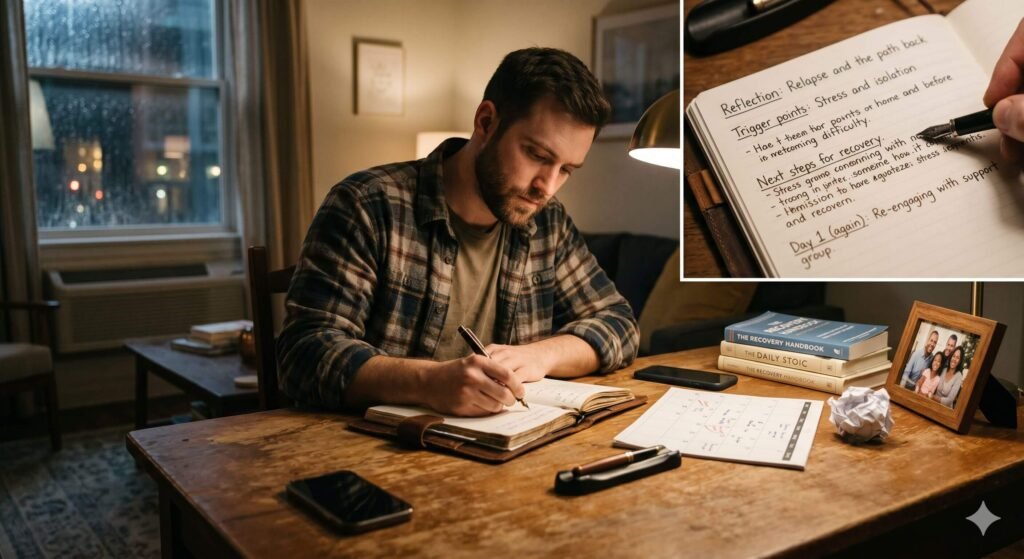 A man writing in a journal, reflecting on how to handle a porn relapse and planning his next steps for recovery.