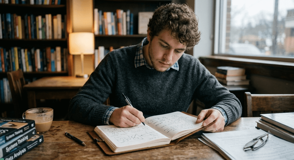 a young man taking notes