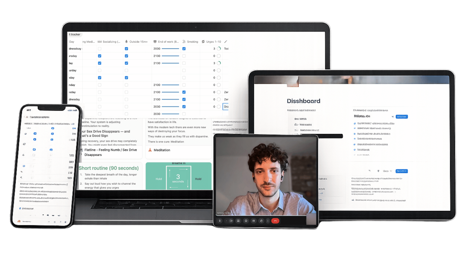 The coaching system across devices: Notion dashboard, habit tracker and session notes, plus one-on-one video calls